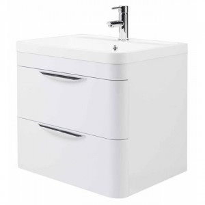 High Gloss White Curved 600mm 2 Draw Wall Mounted Vanity Unit