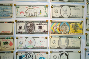 Close-up of Fundred bills on the Walls of the Safehouse. Photograph by ...