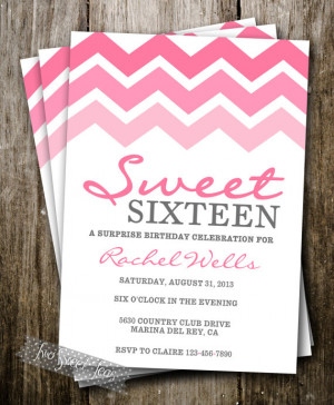 Pink Ombre Invitation Chevron Girly Teen Tween Sweet 16 Sleepover
