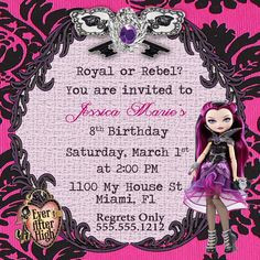 Birthday Invitation-Birthday Card- Ever After High in Hot Pink-Party ...