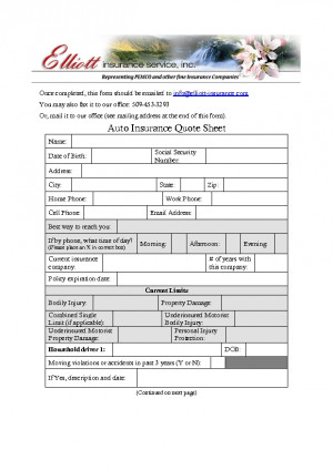 Auto Insurance Quote Request Sheet Form