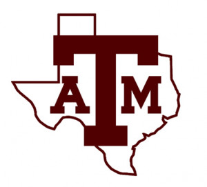 Four versions of the Texas A&M logo inside the state silhouette...