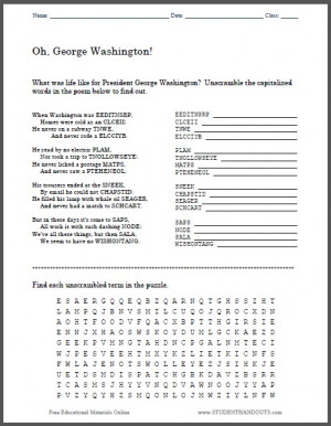 George Washington Poetry Scrambled Word Worksheet