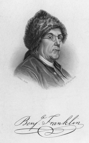circa 1755: Portrait of Benjamin Franklin. Engraved by H. Wright Smith ...