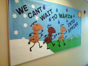 Modify with kids pics as little ants? March bulletin board for hallway