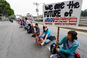 Student Milca Calymayor blocks a a street around the Los Angeles ...
