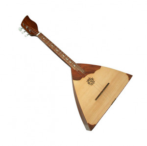 fretted stringed instrument with a triangular body and three strings ...