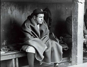 STRANGE OLDE SPORTS - BABE RUTH IN THE DUGOUT - BLANKET WRAPPED AROUND ...