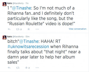 Tinashe's Rihanna drags exposed by #Navy on Twitter.