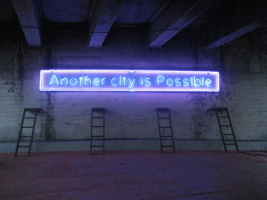 Located in downtown Los Angeles, this neon sign quotes Manuel Castells ...