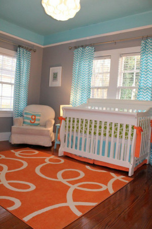 orange run, grey walls (tell paint color), blue and bright green. Love ...