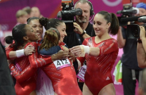 ... Kayla Ross hug after the vault competition in the women's gymnastics