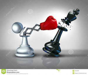 concept with a chess pawn punching and destroying the competition ...