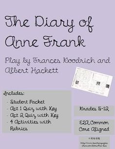 Diary of Anne Frank The Play BUNDLE (includes Packet, Quiz, Activities ...