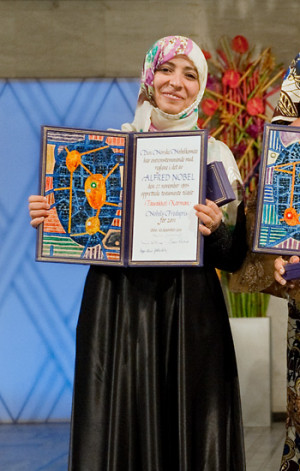 Nobel Peace Prize Laureate Tawakkol Karman with her Nobel Diploma at ...