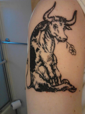 My Ferdinand the Bull tattoo, upper right shoulder. 2012
