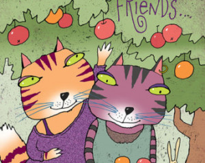 Cat Card for Friends - Two Colorful Whimsical Cats Picking Apples 