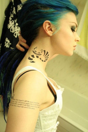 The cheshire cat tattoo is cool, though im not a fan of the placement ...