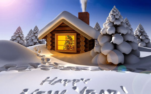 Schöne 3D winter hintergrund mit einem blockhaus mit weihnachtsbaum ...