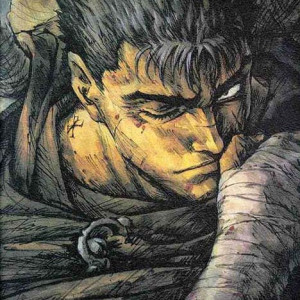 Guts has black hair fitted with constant, short pointy spikes already ...