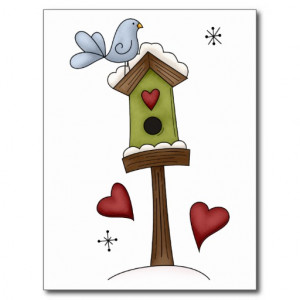 Winter Blessings · Birdhouse, Bird & Hearts Postcard