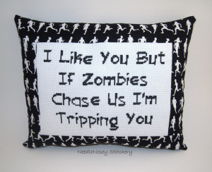 Funny Cross Stitch Pillow, Black and White Pillow, Zombies Quote. Haha ...