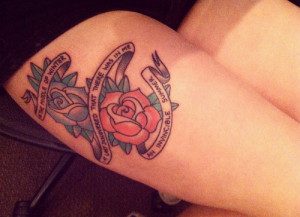 Blue And Red Rose Thigh Tattoo For Girls