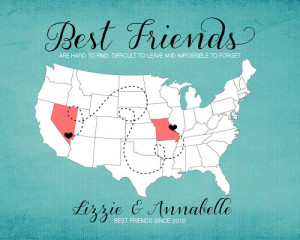 ... Friendship Gift, Going Away Personalized Map of US, Best friends Art