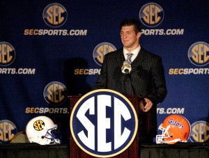 Tim Tebow addresses the media at a news conference at the Southeastern ...
