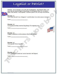 American Revolution Loyalist vs. Patriot Worksheet and Key