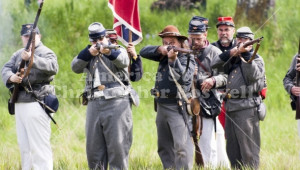 Civil War Re-enactment Confederate Soldiers Fire Rifles During Battle ...