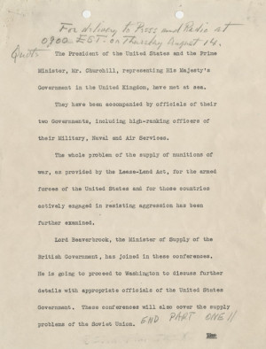 Atlantic Charter (5-page draft release with FDR's annotations in ...