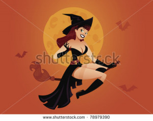 Sexy pinup witch flying on a broomstick - stock vector