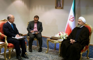 Yukiya Amano at the start of their meeting in Tehran Iran Thursday