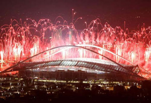 Fireworks explode over the Athens Olympic Stadium August 13, 2004, as ...