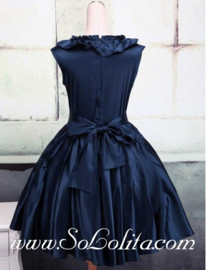 Dark Blue Cotton Round Neck Cap Sleeves Ruffles Classic Lolita Dress