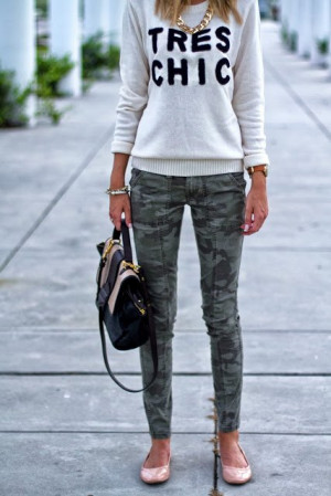 ... sweater. Camo skinny pants. Flats. Little Blonde Book: Camo Chic