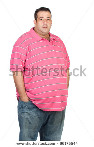 Fat man with pink shirt isolated on white background - stock photo