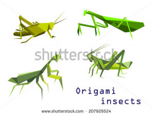 Set of green origami insects logo with a grasshopper, praying mantis ...
