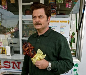Ron Swanson holding a fried turkey leg. so very manly.