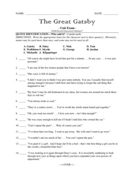 The Great Gatsby Exam with Quotes and Essay