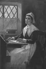 19th-century painting portraying Anne Bradstreet at work