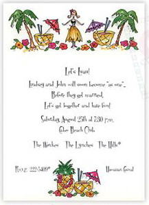 Luau party invitation hula girls pineapple drink palm trees