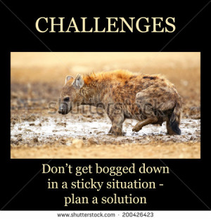 Motivational poster - CHALLENGES: spotted hyena stuck in mud pool ...