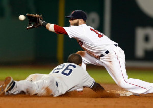 Boston Red Sox's Dustin Pedroia gets the throw before tagging out New ...