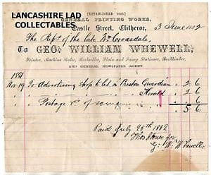 1882 Billhead Geo William Whewell Castle Street Clitheroe Printers