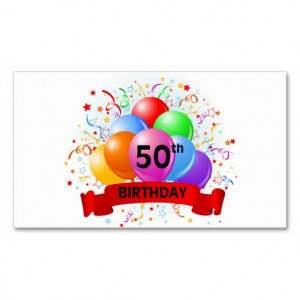 50th Birthday Banner Balloons Business Card Template from Zazzle.com