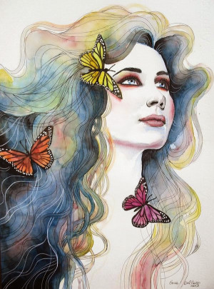 Rostro femenino en acuarela con mariposas en el cabello.