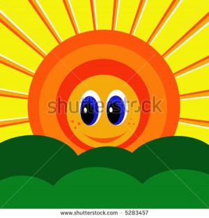 Graphic illustration of cartoon smiling sunshine rising over tree tops ...