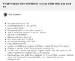 of why Homestuck is evil.1. Misrepresentation of GodIn Homestuck ...